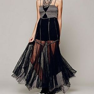 Free People Raw Tulle Maxi Slip Dress Black and Gray